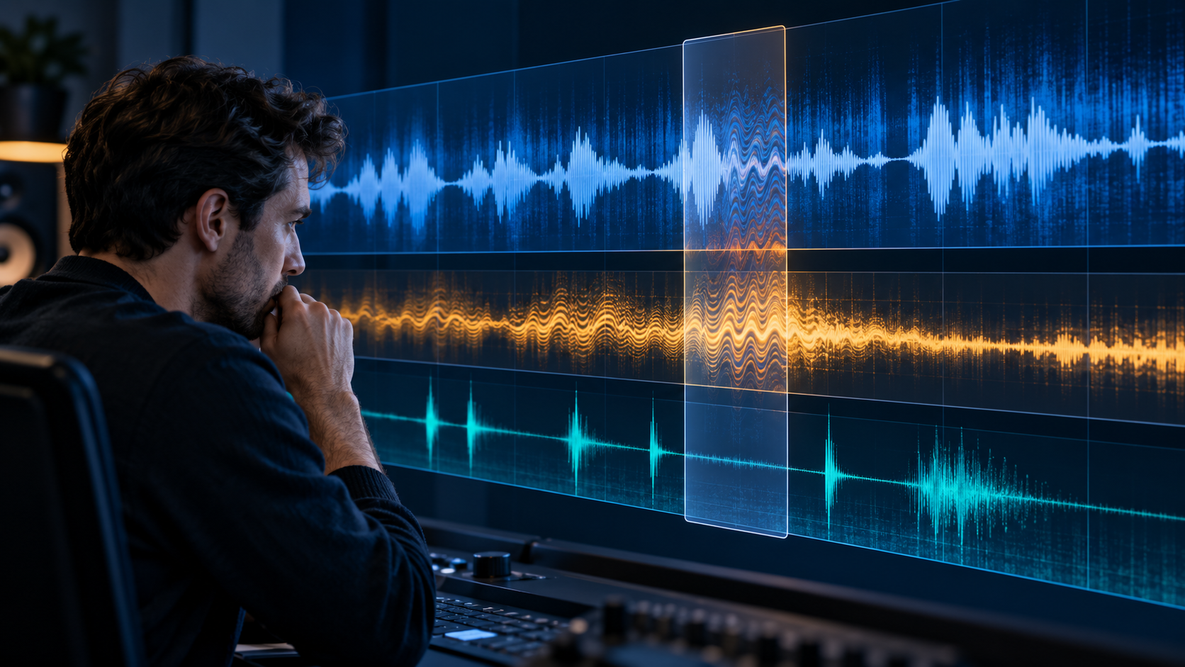 Audio editor inspecting overlapping dialogue, music, and sound-effect waveforms with a highlighted artifact