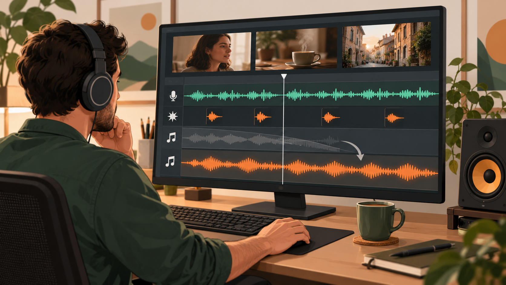 Video editor placing a replacement music track beneath dialogue and scene sound effects