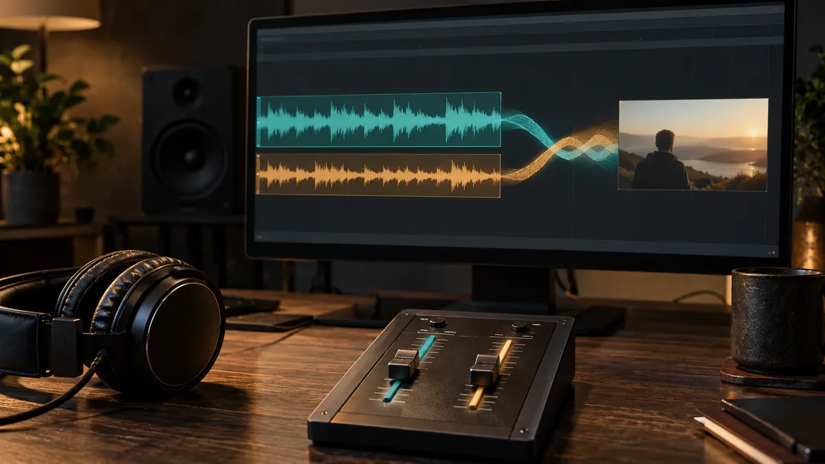 Editing desk with two mixer faders and abstract separate sound strips merging into a finished soundtrack