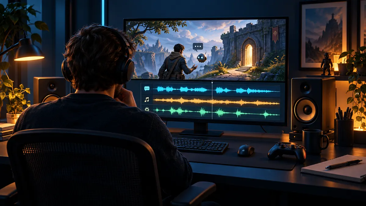 AI-generated illustration of an editor checking a fictional gameplay soundtrack, not a real game test